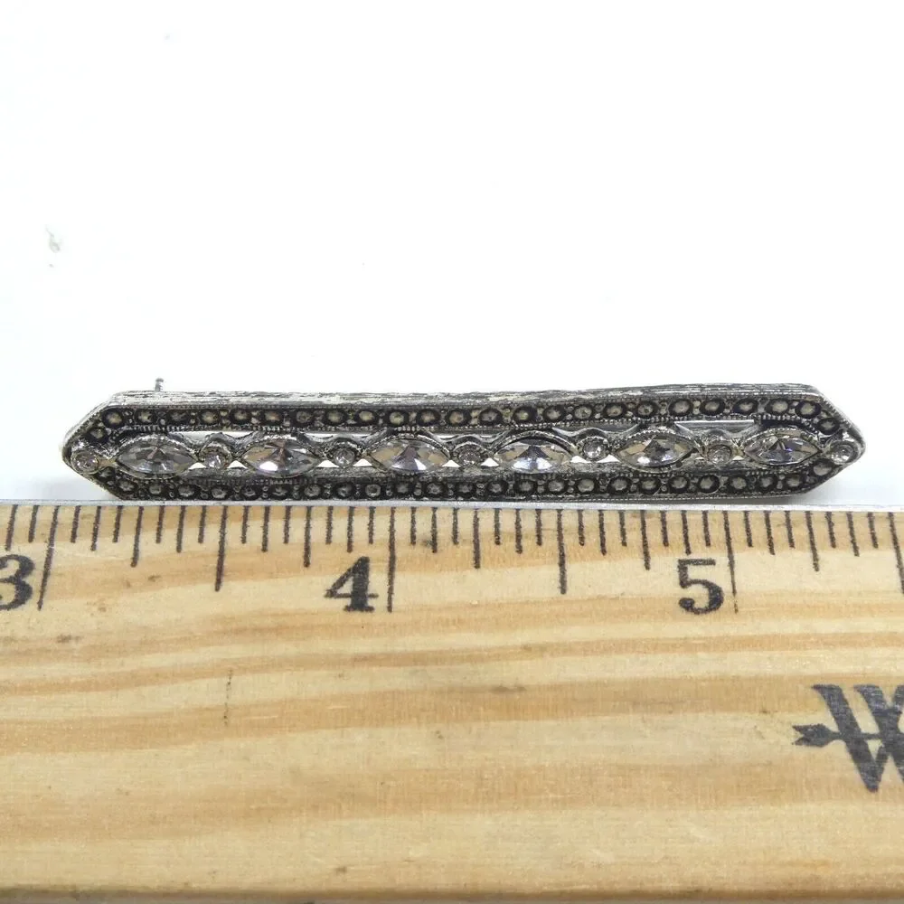 Vintage Bar Brooch Art Deco Silver Marcasite Pierced Pin